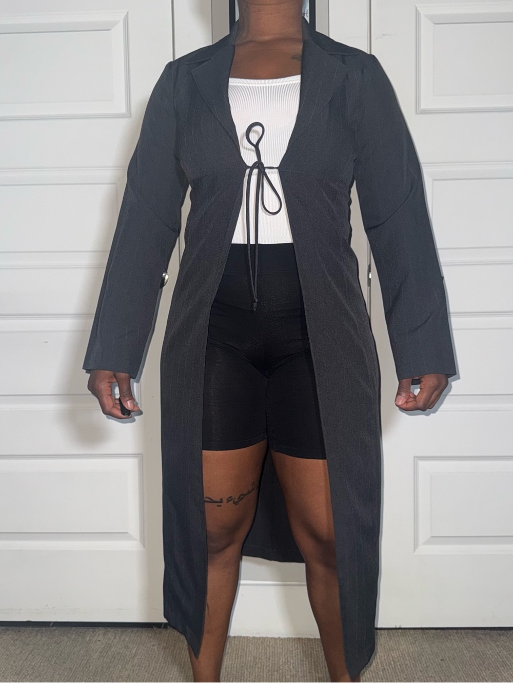 Vintage Pinstripe Tie-Front Duster Coat